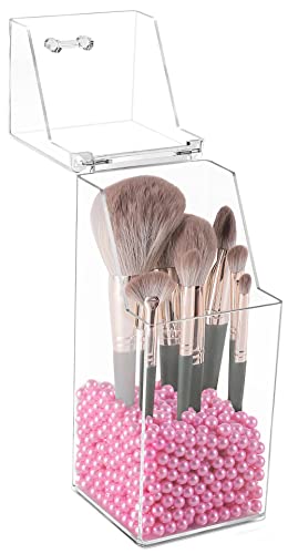 Image of Sooyee Makeup Brush Holder,Makeup Brush Organizer with 8mm Pink Pearls,Dustproof Makeup Brush holder with Lid