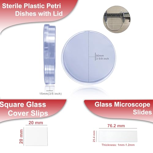 Sterile Plastic Petri Dishes Set, 50 Pcs Blank Microscope Slides, 100 Pcs 20x20mm Square Cover Glass, 5 Pcs 90mm Diax15mm Deep Lab Petri Plate Dish with Lid and 10 Test Pipette Droppers