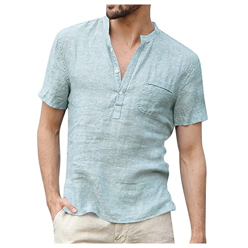 Générique Chemise Lin Homme Manches Longues Casual d'été, Hippie de Plage à col V Chemisette Oversize en Coton avec Poche Poitrine Tops Yoga lâche. NSYWBZBshirt44688, Bleu Clair, XXL
