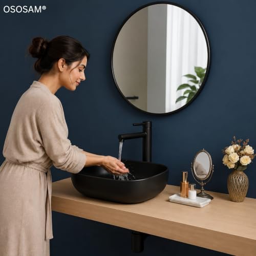 Image of OSOSAM Premium Designer Table Top Ceramic Wash Basin /Vessel Sink with Slim Rim for Bathroom (18 x 13 x 5.5 Inch) (Black)