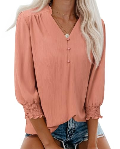 Gleeivy Peach Pink Blouses for Women Dressy Casual 3/4 Sleeve Work Tops
