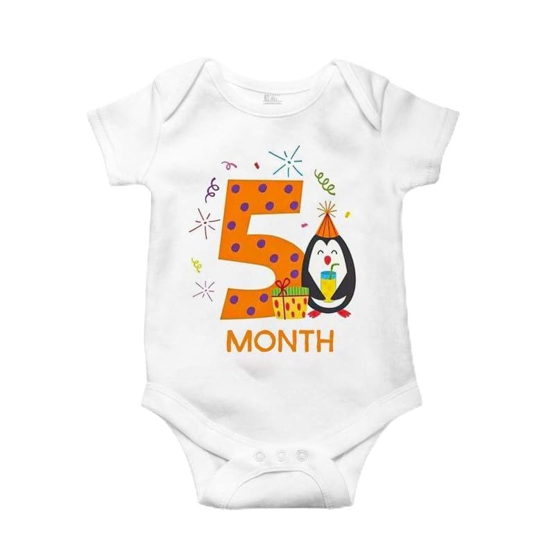 Image of Monthly Birthday Romper for Newborn Baby | Unisex Half Sleeve Bodysuit with Envelope Neck | Soft Cotton Outfit with 1 to 12 Month Print | Comfortable Infant Wear for Boys & Girls