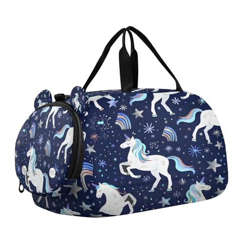 Gym Travel Duffle Bag for Boys Girls Repeating White Unicorns Rainbows Pattern Sports Dance Bag with Shoe Compartment & Wet Pocket Football Kids Travel Bag Teens Sleepover Carry