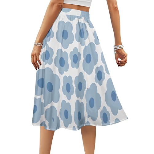 Skirts for Women Basic Versatile Flared Casual Midi Skirt Summer Swing A-Line Elastic High Waist Dress with Pockets Fashion4