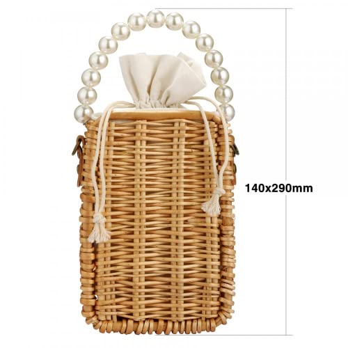 Image of Beach Bag Purse for Women, Natural Hand-woven Rectangular Wicker Handbag, Pearl Basket Purse, Retro Summer Straw Tote Bag