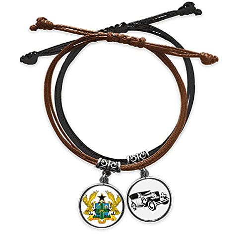 Bracelet chaîne Ghana en cuir avec corde tressée noire et emblème africain