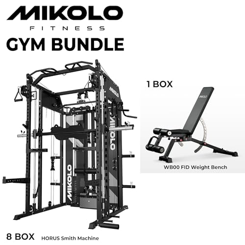 Image of Mikolo Smith Machine with Weight Stack, Power Cage Home Gym System with LAT Pulldown & Cable Crossover, Multi-Functional Trainer with Dual Pulley System, Includes 10+ Free Attachments
