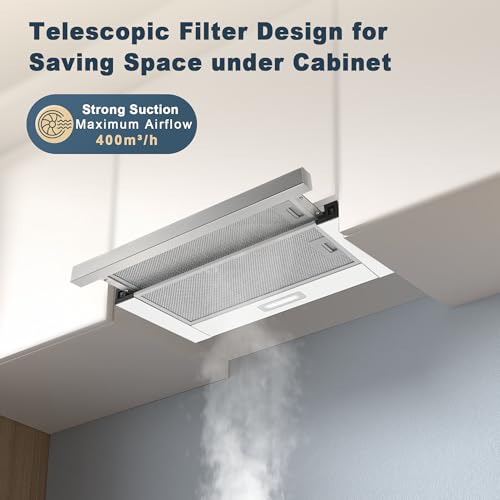 KICHPOWER Dunstabzugshaube 60cm, Flachschirmhaube Abluft/Umluft, 400 m³/h, mit 2 Aktivkohlefiltern, Teleskop 5-Schichten-Aluminiumfilter, LED-Beleuchtung, 2 Geschwindigkeit