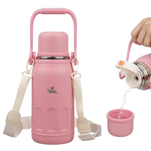 Image of Insulated Water Bottle with Handle and Strap,Vacuum Travel Tumbler with Cup Lid,Thermo Coffee Cup for Hot Cold Drinks 27 OZ,Pink