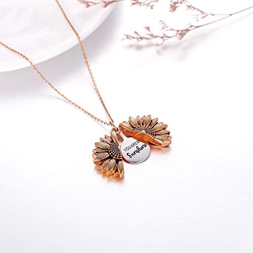 Sterling Silver Sunflower Locket Necklace You Are My Sunshine Engraved Pendant Necklaces Jewelry Gift For Her (Rose Gold) #TOP3