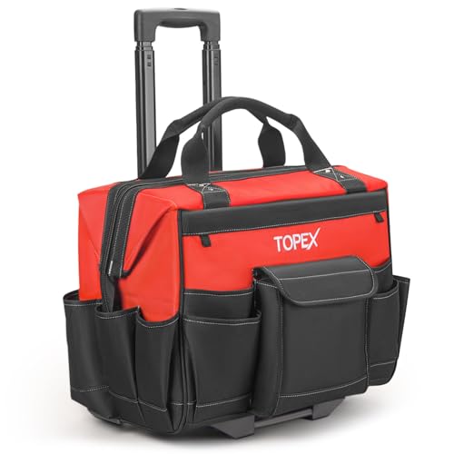 TOPEX 19 Inch Rolling Tool Bag, Tool bag with Wheels, 19 Functional Pockets Tool Organiser, Roomy Storage Space Tool Tote Bag with Adjustable Telescoping Handle, for Home, Workshop, and Job Site by TOPEX - Used condition - CA$112.80