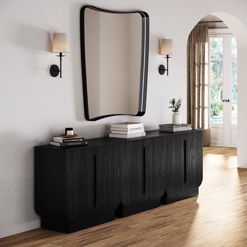Image of Nathan James Joey Mid Century Modern Buffet Sideboard Storage Cabinet, Arched Accent Cabinet with Rounded Bottom Edges and Integrated Door Pull Cutouts, Black Oak, Set of 3