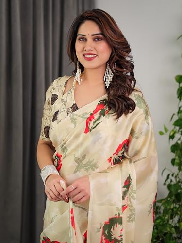 Image of ALMAARI FASHION Satin Georgette Floral Printed Saree with Blouse, 5.5 Meter Saree with 0.8 Meter Blouse, Traditional (SG 120 H)