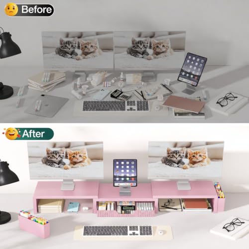 Image of OPNICE Desk Organizer and Accessories, Computer Monitor Stand Riser with Drawer and 2 Pen Holders, Laptop Stand, Office Desk Accessories for Office Supplies, Pink