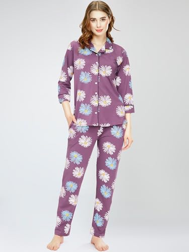 Image of ZEYO Night Suit for Women's Floral Printed Cotton Night Dress of Shirt and Pajama Set 5766