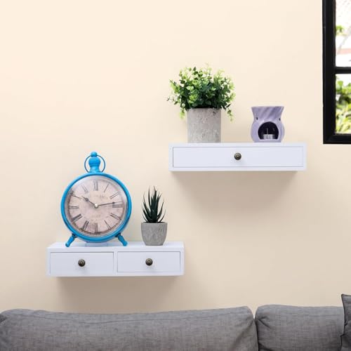 Image of W00YNEX Floating Shelves with Drawers: Wood Wall Shelves /Cabinets for Storage and Exhibition; Doubles as a Bedside or Nightstand Set of 2 in Vintage-