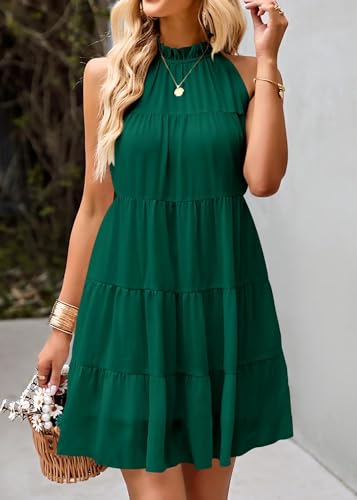 Image of KIRUNDO Summer Sundresses for Women Halter Dress Babydoll | Spring Sleeveless Halter Top, Flowy Tiered Pleated, Western Cute Country Concert, Beach Wedding Guest Vacation Cruise Dress