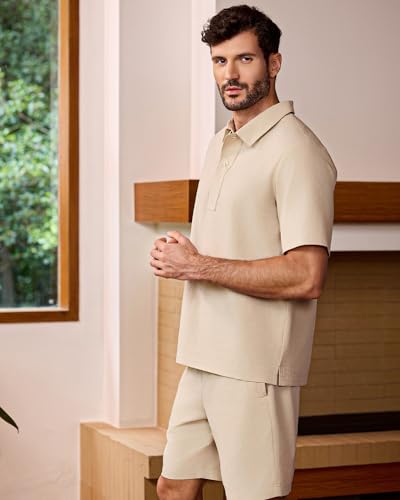 Kallspin Men's Two Piece Outfit Polo Style Shirt and Drawstring Shorts Set Casual Lightweight Summer Vacation Beachwear3