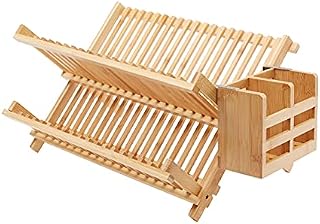 Amazon Basics Bamboo Dish Drying Rack with Utensil Holder  Flat Bar, Collapsible, 2-Tier