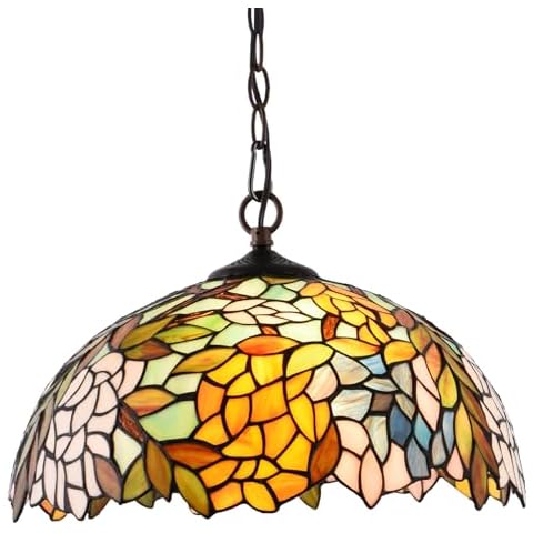 Capulina Tiffany Pendant Light 2 Light 16 Inches Wide Wisteria Style Stained Glass Hanging Lamp Adjustable Height for Kitchen Island Dining Room Hallway Foyer Cover