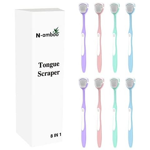 N-amboo Tongue Scraper Tongue Cleaner Tongue Brush Two Sides Four Colors 8 Pieces Cover