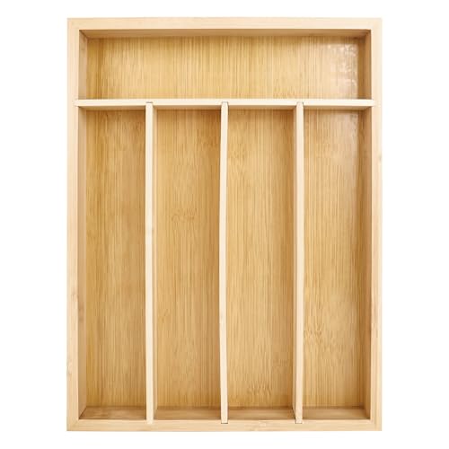 Cutlery Drawer Organiser, 5 Compartment Bamboo Cutlery Tray Kitchen Utensil Tray, Flatware and Silverware Holder, Wood Adjustable Storage