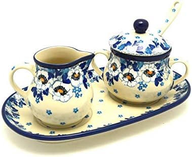 Polish Pottery Cream & Sugar Set with Sugar Spoon - White Poppy