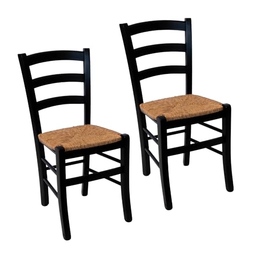 Import Trade – Lot de 2 Chaises Venezia en Bois Noir, Cuisine, Restaurant, Salle à Manger et Agritourisme, Chaise Rustique en hêtre avec Assise en Paille...