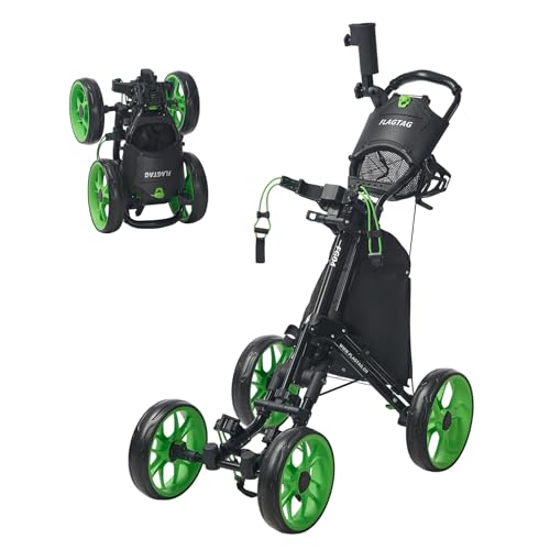 Image of Golf Push Cart 4-Wheels,Folding Golf Cart, Golf Pull cart with Cup Holder,Umbrella Holder,Cooler Bag, Foldable with one-Click,Handle Height Adjustable,Drink Holder,Walking Push cart