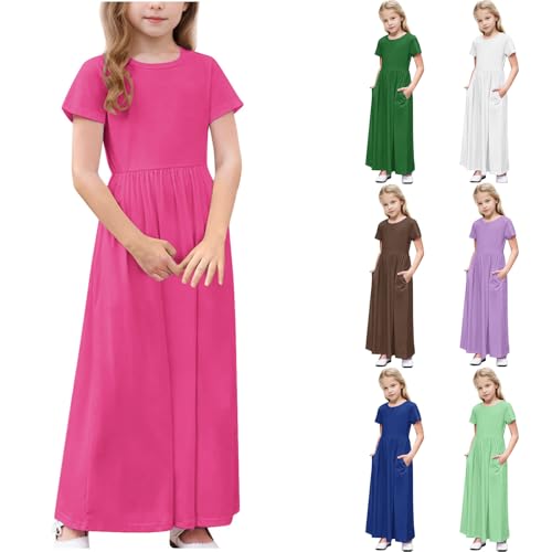 Girls Summer T-Shirt Dresses with Pockets Loose Crewneck Short Sleeve Casual Swing Maxi Dress for Kids 4-14 Years2