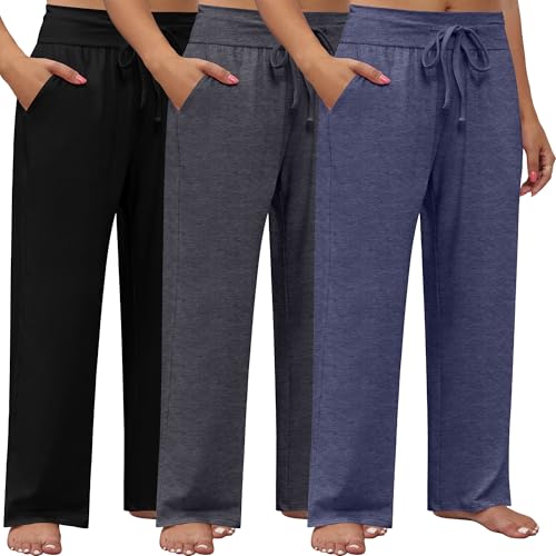 Neer 3 Pack Women's Plus Size Lounge Pants, Wide Leg Yoga Pants Baggy Drawstring Sweatpants with Pockets Casual Loose Jogger