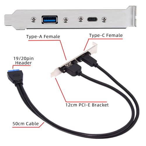 Image of Cablecc 5Gbps 19 /20Pin USB3.0 Motherboard to Dual Ports USB 3.0 & USB-C Type-C Female PCI-E Back Panel Cable 50cm
