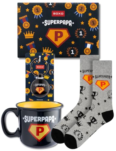 soxo Papa Geschenk Socken Herren Geschenke Für Männer Lustige Socks Men Baumwolle Set 40-45 Socken + Becher + Anhänger