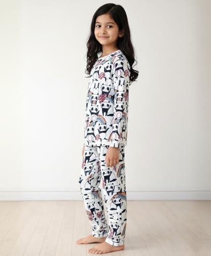 Image of Anthrilo Pajama T-Shirt Set for Girls | Kids Night Suit for Girls | Nightwear | 100% Cotton Pyjama Set Panda Print White | Long Sleeve T-Shirt and Pajama | 3-4 Years