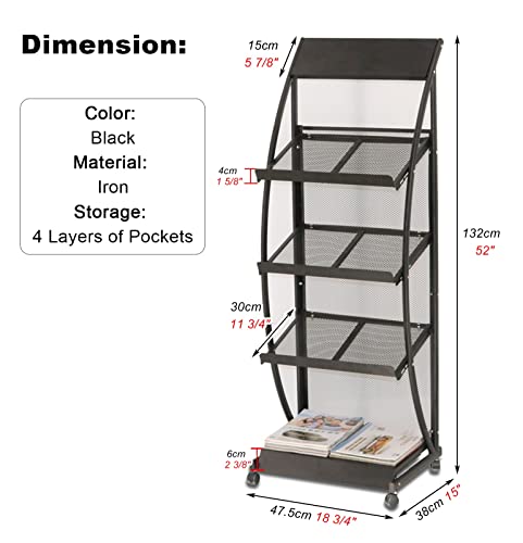 4 Bolsillos Floor Magazine Rack Metal, Soporte Robusto del Cartel con Las Ruedas para los hospitales Showrooms, Estante de exhibición del folleto ventilado Uso Comercial Fácil Asamblea
