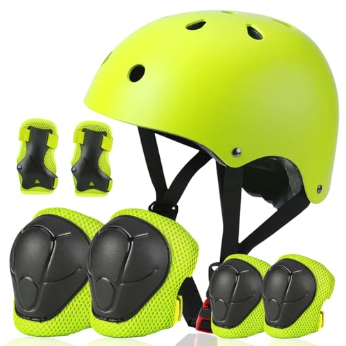 Besttravel Juego de casco para niños con almohadillas, casco de bicicleta ajustable para niños de 5 años en adelante, seguridad multideportiva (verde con almohadillas)