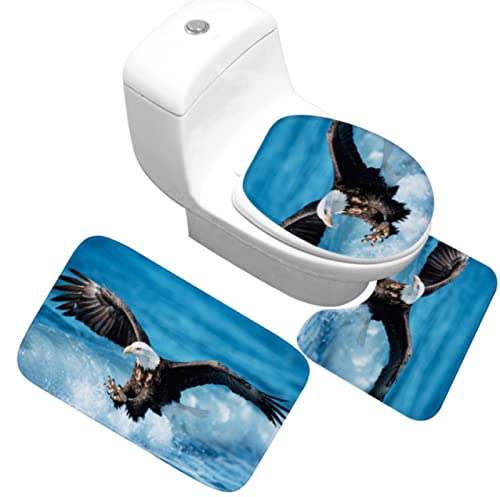 3 Teilig Badematte Set Blauer Adler 3D Badematten Set rutschfest, Badezimmerteppich,U-förmiger WC-Vorleger,WC…