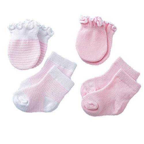 Newborn Baby Boys Girls No Scratch Mittens Socks for 0-6 Months, Cotton Infants Gloves and Ankle Socks, Set of 4 Pairs (Pink)