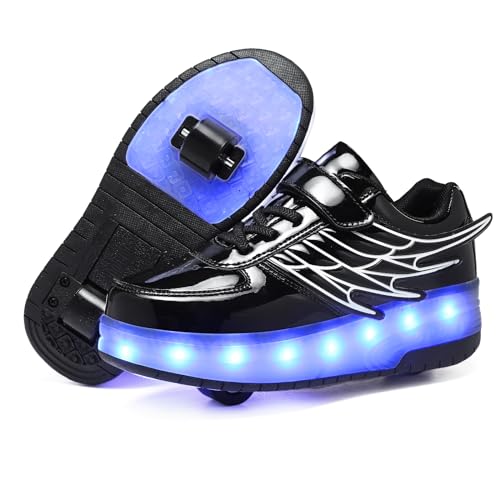 HOVERKICKES LED Roller Skate Shoes for Kids Boys Girls Light Up Roller Sneakers with Detachable Wheels Rechargeable Flashing Wheeled Shoes Black