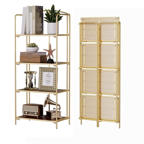Crofy 4-Tier Foldable Bookshelf, Gold Frame & Walnut Shelves | No-Assembly Collapsible Portable Storage Organizer; Sturdy Walnut Finish Shelves; Ideal for Living Room & Home Office