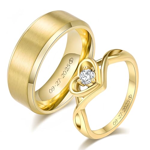 2Pcs Personalized Promise Rings for Couples, CZ Diamond Wedding Rings for Him and Her, Engraved Couples Ring, Stainless Steel Engagement Ring Set, Anniversary Engagement Valentine's Day Gifts