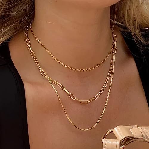 Herringbone Necklace for Women, Dainty Gold Layered Choker Necklace,14k Gold Plated Snake, Gold Paperclip Chain Choker Necklaces, Simple Gold Layered Necklaces, Gold Jewelry Gift for Women Girls2