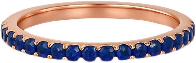 14K Rose Gold Blue Sapphire Eternity Band Dainty Round Cut Stacking Ring Thin Pave Sapphire Wedding Band Minimalist Promise Jewelry Gift For Her