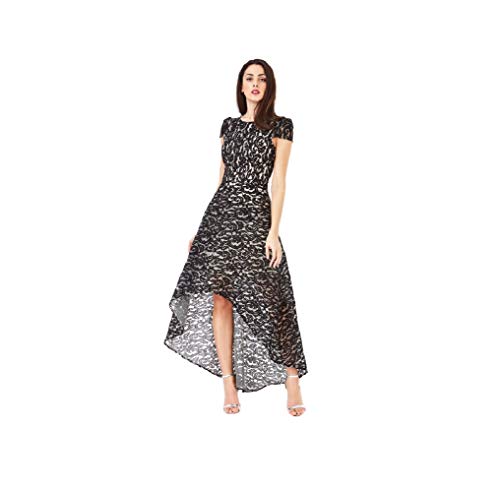 Goddiva Robe Longue en Dentelle asymétrique (36/8uk, Noir)