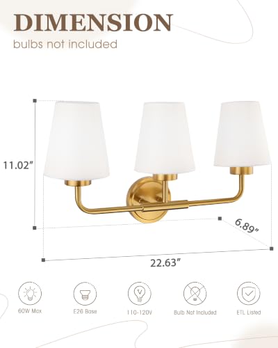 Image of Brushed Gold Bathroom Light Fixtures with White Fabric Shades | 3-light vanity light for bathroom, modern sconces wall lighting for hallway bedroom, ideal for 30-48 inch mirrors, AD-25052-3W-GD