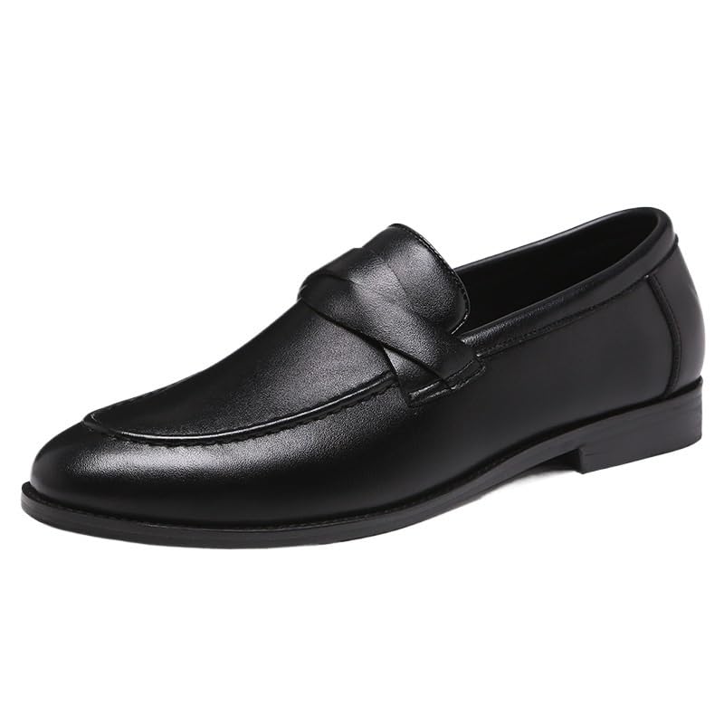 Formal Shoes Dress Oxford for Men Anti-Slip Non Slip Rubber Sole Block Heel Casual Plain Toe Slip On Top-Grain Leather Tuxedo(Black,6.5)