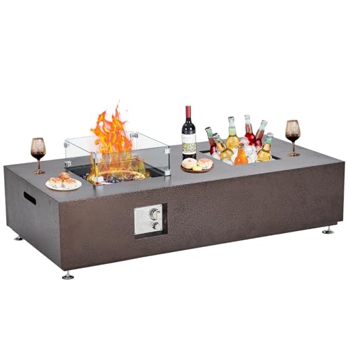 56" Propane Fire Pit Table with Ice Bucket,50000BTU Fire Table with 13" Square Drink Ice Bucket Wind Guard, Fire Glass Beads & CSA Safety Certified Outdoor Firepit for Patio Yard Garden(Bronze)