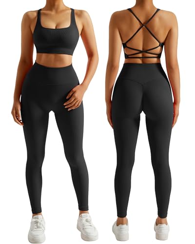 DOULAFASS Gerippte Sport Set Damen Nahtlose Yoga Set Zweiteiler Strappy RüCken Gym Set Undurchsichtiges Fitness Outfit