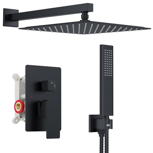 Iriber Shower Set with 12 Inch High Pressure Rain Shower Head and Handheld and Shower Faucet Mixer Valve Modern Shower System Including Pressure Balance Valve Shower Trim Kit for Bathroom,Matte Black