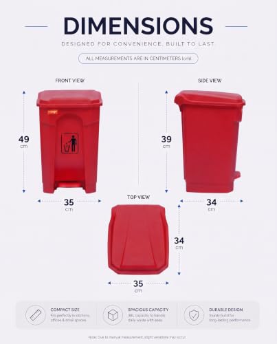 Image of pedal dustbin with lid, heavy duty plastic garbage bin, hands-free step-on waste bin for kitchen, office, home, hotel, bathroom & outdoor use (Mystic Red, 35 Liters)